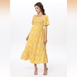 Yellow Floral Maternity Midi Dress - Women's Smocked Empire Waist on size